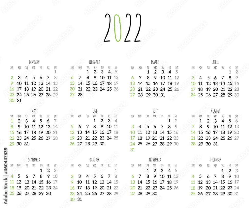 Calendar for 2022 year, green black