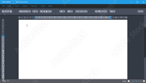 Text editor in dark theme with blank page. Digital application for documentation and correction with user friendly interface for office workers and vector writers.