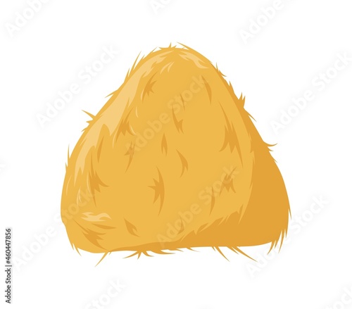 Yellow haystacks. Harvesting of golden wheat with tossing and stacking agricultural feed for cattle and preparing vector hayfields.