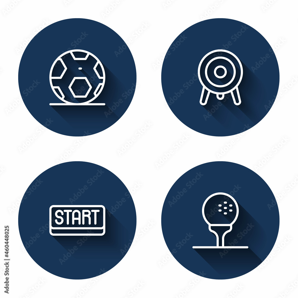 Set line Soccer football ball, Target sport, Ribbon in finishing line and Golf tee with long shadow. Blue circle button. Vector Set line Soccer football ball, Target sport, Ribbon in finishing line and Golf tee with long shadow. Blue circle button. Vector