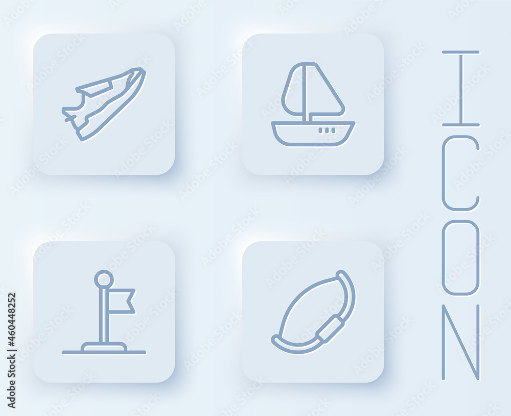 Set line Fitness sneakers shoes, Yacht sailboat, Flag and Medieval bow. White square button. Vector Set line Fitness sneakers shoes, Yacht sailboat, Flag and Medieval bow. White square button. Vector