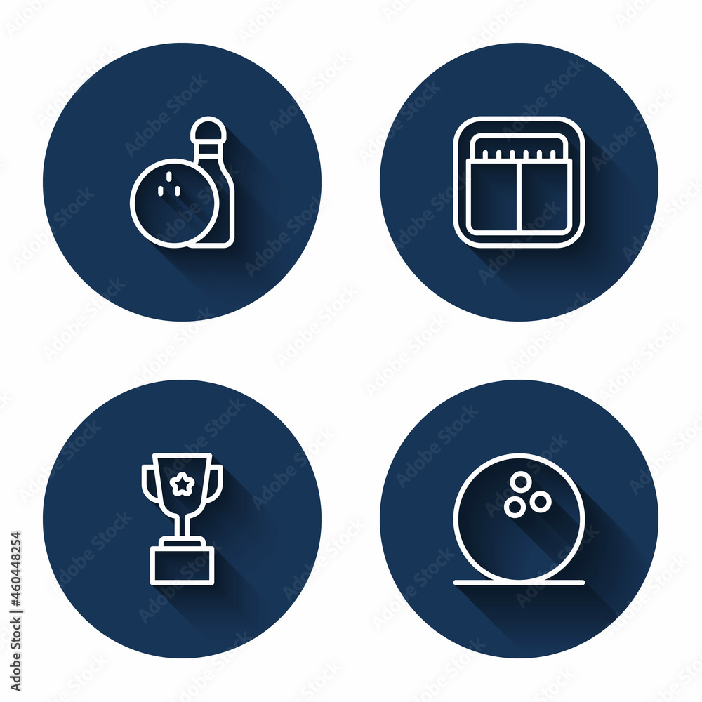 Set line Bowling pin and ball, Sport mechanical scoreboard, Award cup and with long shadow. Blue circle button. Vector Set line Bowling pin and ball, Sport mechanical scoreboard, Award cup and with long shadow. Blue circle button. Vector