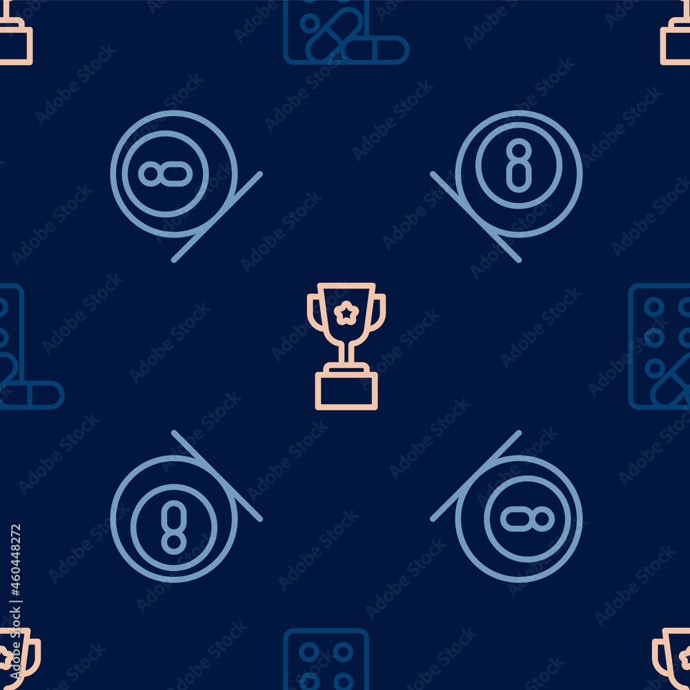 Set line Sports doping with dumbbell, Billiard pool snooker ball and Award cup on seamless pattern. Vector Set line Sports doping with dumbbell, Billiard pool snooker ball and Award cup on seamless pattern. Vector