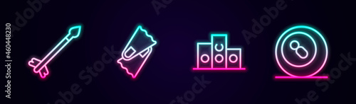 Set line Medieval arrows, Flippers for swimming, Award over sports winner podium and Billiard pool snooker ball. Glowing neon icon. Vector