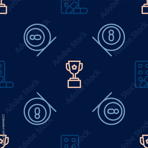 Set line Sports doping with dumbbell, Billiard pool snooker ball and Award cup on seamless pattern. Vector