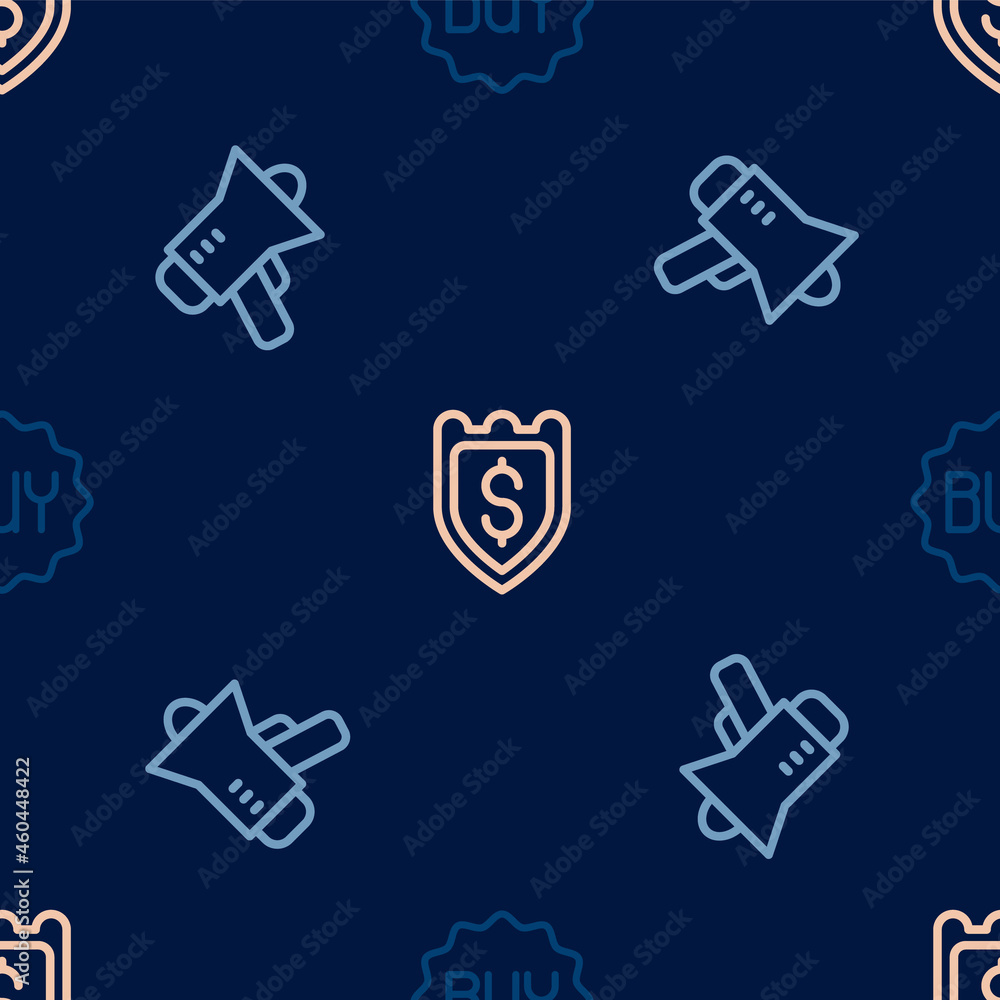 Set line Buy button, Megaphone and Shield with dollar on seamless pattern. Vector Set line Buy button, Megaphone and Shield with dollar on seamless pattern. Vector