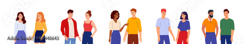 Happy people talking, gossiping and speaking on date. Set of friends meeting and having conversation. Multinational young people chatting and communicating. Flat vector illustration isolated on white 