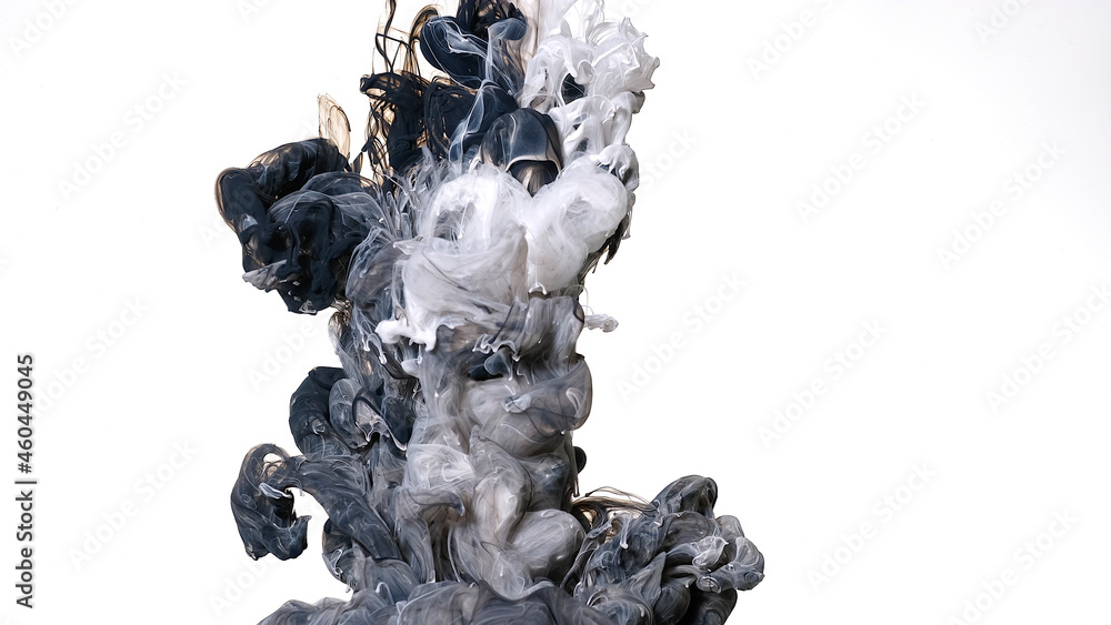 Black and white cloud of ink on a white background. Colored acrylic paints are mixed in water. Black and white watercolor ink in water on a white background. Black and white cloud of ink on a white background. Colored acrylic paints are mixed in water. Black and white watercolor ink in water on a white background.