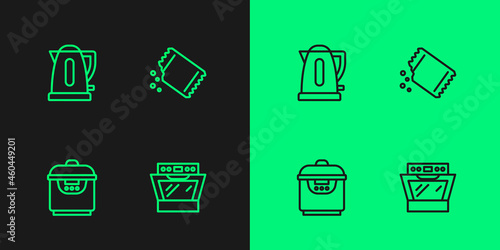 Set line Oven, Slow cooker, Electric kettle and Packet of pepper icon. Vector