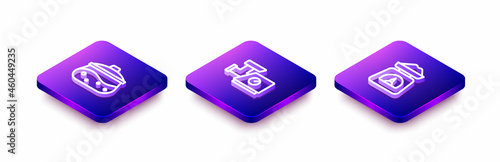 Set Isometric line Cooking pot, Kitchen meat grinder and Scales icon. Vector