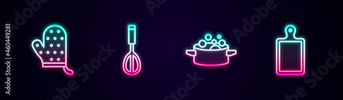 Set line Oven glove, Kitchen whisk, Cooking pot and Cutting board. Glowing neon icon. Vector
