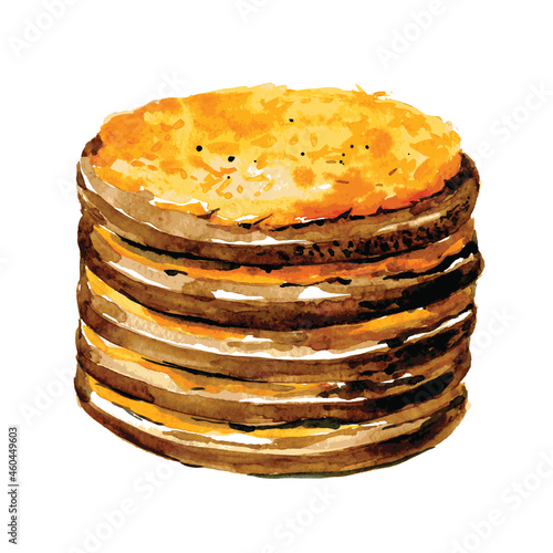 Liver cake. Russian natinal meal. Hand drawn watercolor illustration isolated on white background. Vector