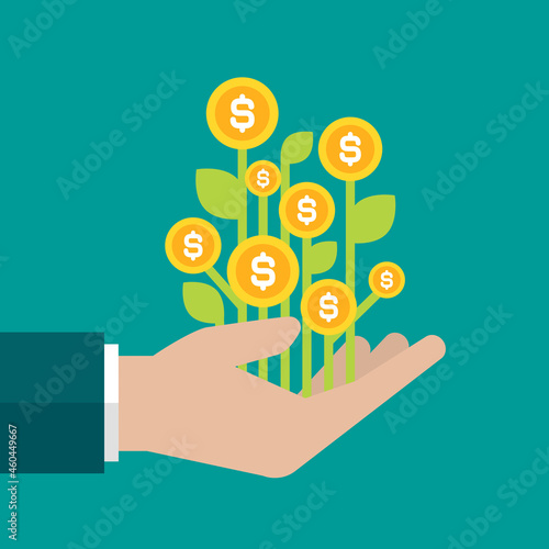businessman hand with bamboo plant with green leaves and dollar coins.