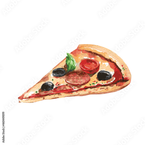 Delicious pizza with tomatoes, salami, olives and cheese. Watercolor illustration on white background. Isolated. Vector