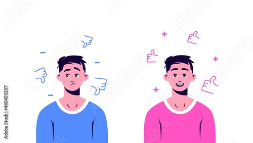 Joyful character with likes and sad with dislikes. Chatting on social networks with rave approval and negative reactions users rejoice at content of vector author and criticize it.