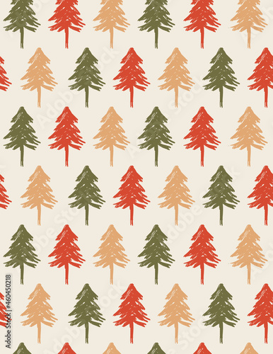 Seamless Vector Patterns with Irregular Hand Drawn Simple Green, Brown and Red Pine Trees on a Beige Background. Print with Christmas Tress  ideal for Fabric, Textile, Wrapping Paper. 
