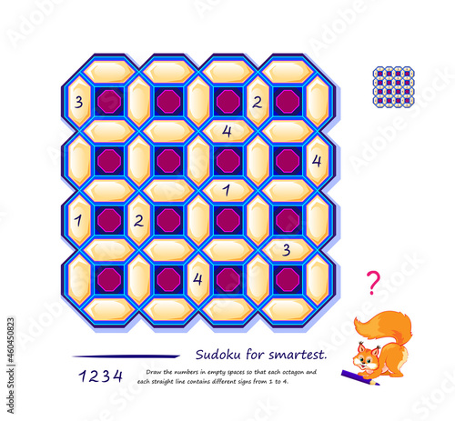 Logic Sudoku puzzle game for smartest. Draw the numbers in empty spaces so that each octagon and each straight line contains different signs from 1 to 4. Page for kids brain teaser book. Play online.