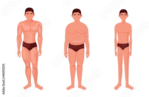 Different physique of person. Muscular mesomorphic athletic body and full endomorphic with subcutaneous fat lean toned figure with thin long vector limbs