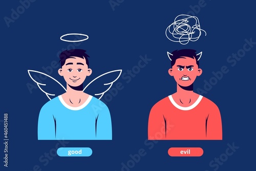 Kind character with halo and demonic with evil thoughts. Positive mood with good mood and angry with disturbed vector psyche.