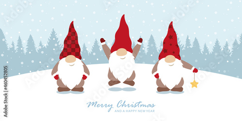 christmas greeting card with cute christmas dwarf and snowy landscape