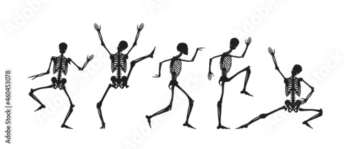 Dancing and running black silhouettes of skeletons. Dead people jumping merrily and standing on their hands creepy abstract dial made of vector bone figures.