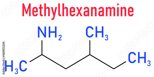 Methylhexanamine (dimethylamylamine, DMAA) stimulant molecule. Skeletal formula.