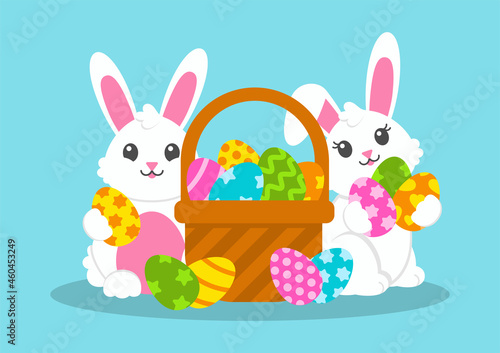 Happy Easter. Cute white bunnies are holding Easter eggs. Beautiful gift card. Colored flat vector illustration isolated on blue background. Cartoon character.