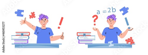 Schoolboy thinking and asking question, then solving task, flat cartoon vector illustration isolated on white. Child finds it difficult to solve the problem and finds the answer