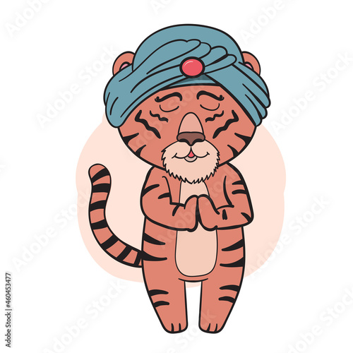 Cute Cartoon Indian Tiger, Predator Relax Yoga Vector Cartoon Illustration