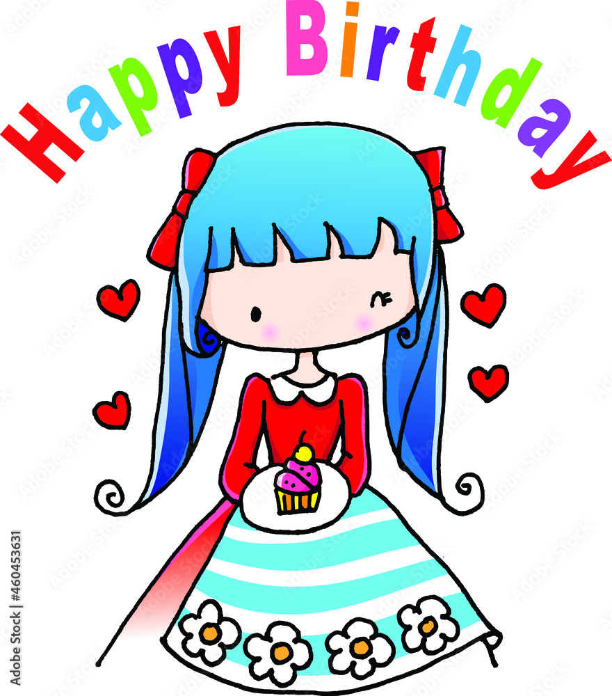 Cartoon little princess holding birthday cake happy birthday card Stock