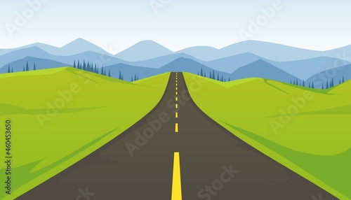 Straight highway mountainous road. Long asphalt road with yellow markings directed towards horizon colorful fields with trees on sides vector.