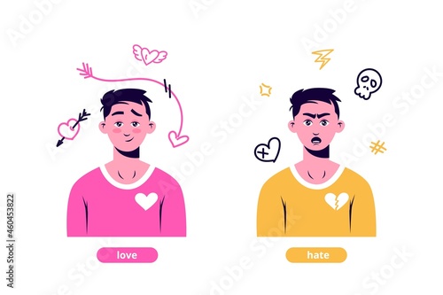 Expression of love and hate. Young man smiles shyly and confesses his feelings and angry offended guy aggressively breaks off vector romantic relationship