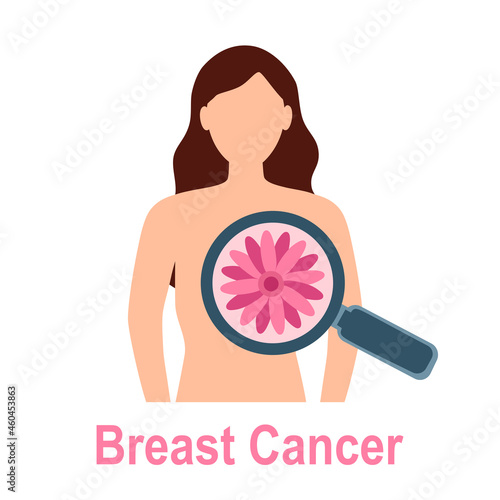 Check your breast. Woman with magnifying glass on her chest. Breast cancer awareness month concept vector illustration on white background.