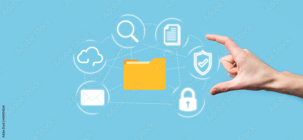 Document Management System DMS .Businessman hold folder and document icon.Software for archiving, searching and managing corporate files and information.Internet Technology Concept.Digital security Document Management System DMS .Businessman hold folder and document icon.Software for archiving, searching and managing corporate files and information.Internet Technology Concept.Digital security