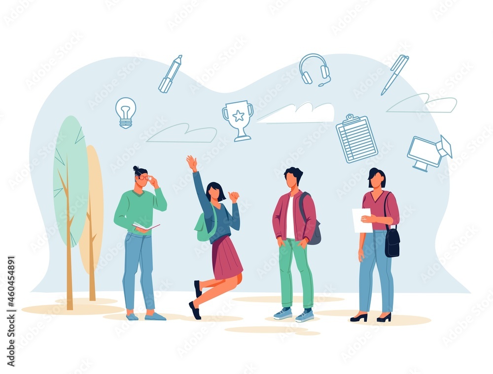 University or college students  characters, young people standing outdoors surrounded by knowledge and education symbols, flat vector  isolated on background. Education and university  graduation.