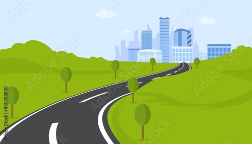 Central winding highway to metropolis. Curve marked road towards city green fields and trees on sides in picturesque vector landscape