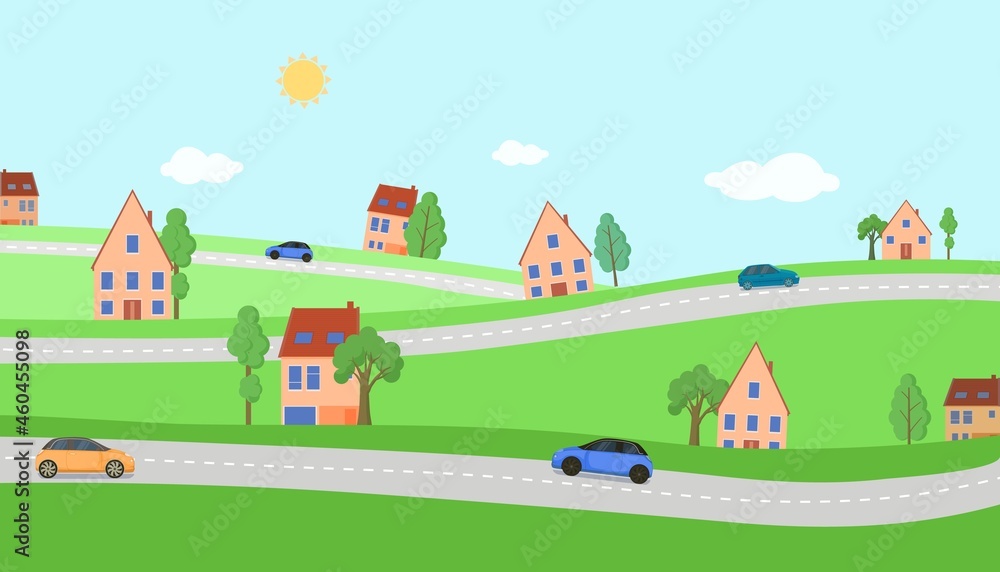 Highway road in village. Cars drive on winding circular roads next to houses green summer landscape with trees and vector grass. Highway road in village. Cars drive on winding circular roads next to houses green summer landscape with trees and vector grass.
