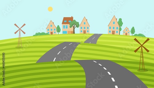 Highway is laid through hilly fields to village. Winding circular roads next to houses green summer landscape with trees and vector grass. photo