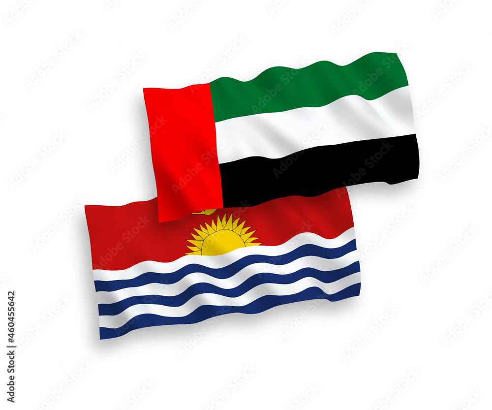 National vector fabric wave flags of Republic of Kiribati and United Arab Emirates isolated on white background. 1 to 2 proportion. National vector fabric wave flags of Republic of Kiribati and United Arab Emirates isolated on white background. 1 to 2 proportion.