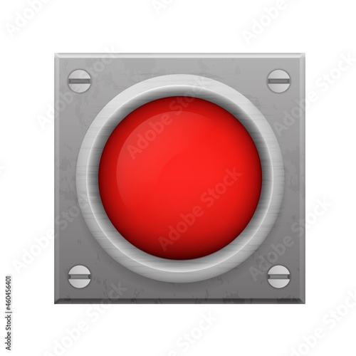 Red alarm button. Emergency signaling symbol on metal plate for quick disconnection of dangerous devices and warning of vector danger