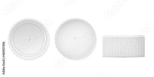 White bottle caps mockup template. Serrated metal and plastic caps for closing containers realistic items for factory and home vector canning