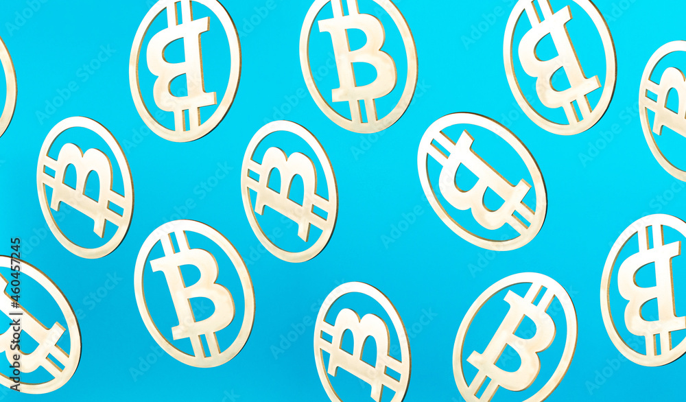 Fototapeta premium Bitcoin Pattern golden coins symbol on blue background. Virtual cryptocurrency bitcoin the future gold coin concept. 3D illustration Background Art.