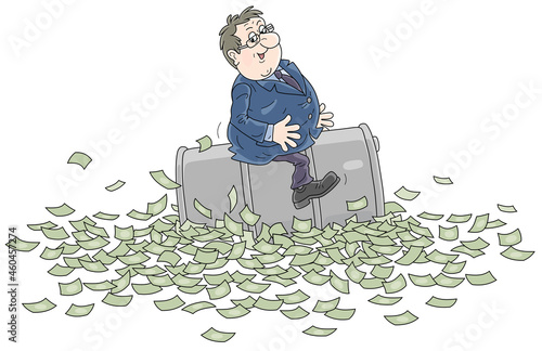 Lucky businessman drifting on an oil barrel in a sea of money, vector cartoon illustration on a white background
