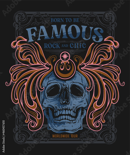 rock poster illustration with wings, skull and ornamented frame with slogan and wordings