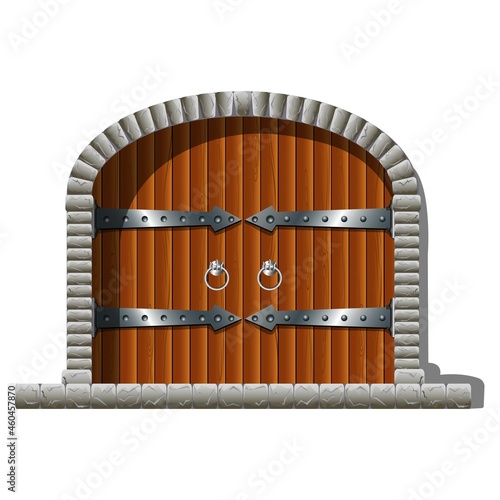 Vector gate of fairy tale castle and tower. Stone entrance with wooden gates, hinges and vintage handles. Old realistic medieval props and lement of the building and facade. Cartoon drawn illustration