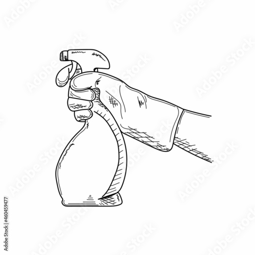 Drawing, engraving, ink, line art, vector illustration hand in glove spraying liquid cleaning detergent concept sketch in silhouette on a white background.