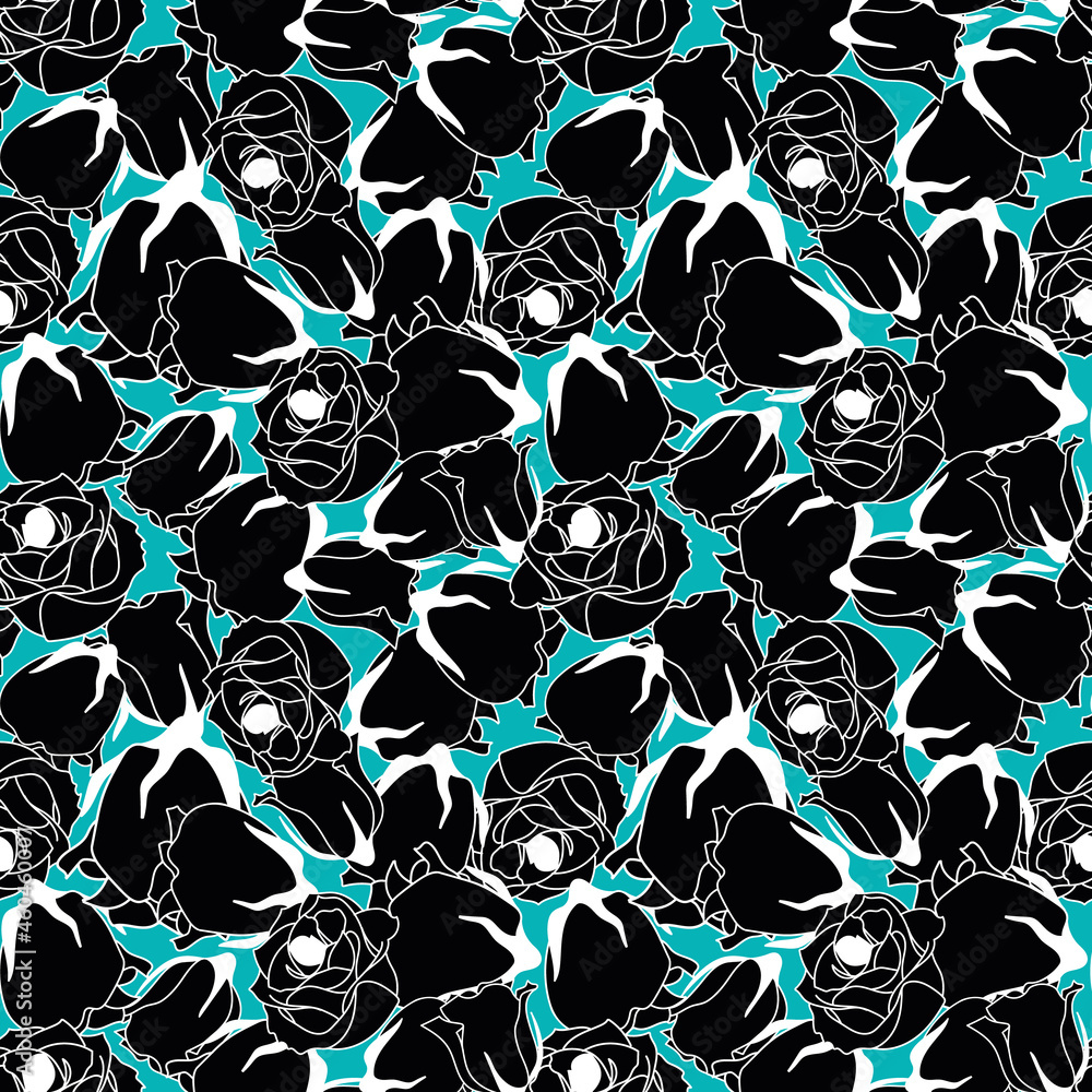 Vector black white roses seamless pattern on blue background. Perfect ...
