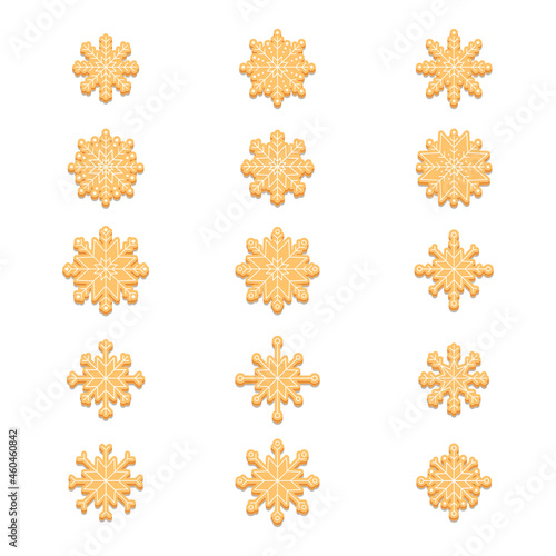 Set of snowflakes of gingerbread cookies. Decorative Christmas biscuits. Vector illustration of design elements for greeting cards, posters, wallpaper, surface, web design, textile, decor, print.