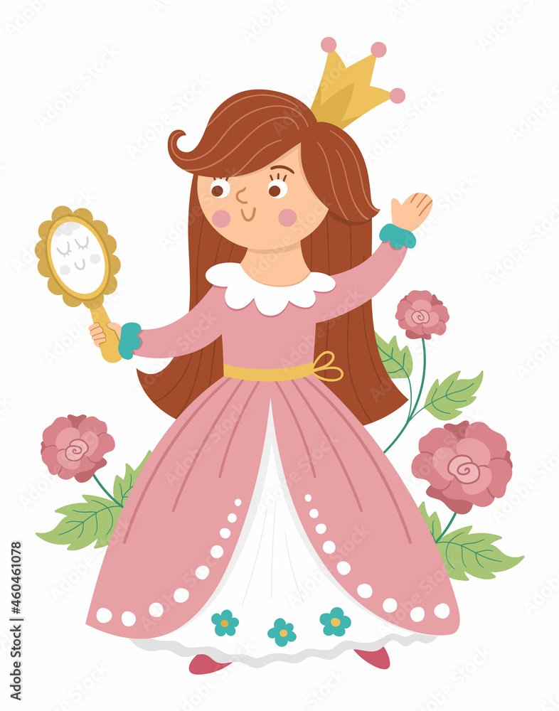 Fairy tale vector princess with mirror and roses. Fantasy girl in crown isolated on white background. Medieval fairytale maid in pink dress. Girlish cartoon magic icon with cute character.. Fairy tale vector princess with mirror and roses. Fantasy girl in crown isolated on white background. Medieval fairytale maid in pink dress. Girlish cartoon magic icon with cute character..