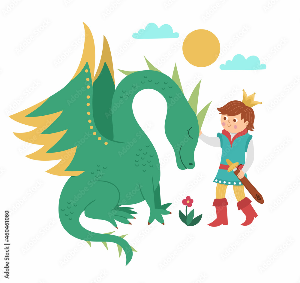 Fototapeta premium Fairy tale prince with dragon isolated on white background. Vector fantasy young monarch in crown with magic creature. Medieval fairytale characters. Cartoon magic sovereign icon.